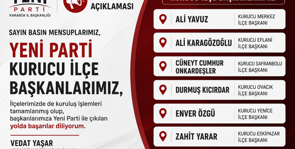 YENİ PARTİ KARABÜK’TE İLÇE TEŞKİLATLARINI OLUŞTURDU